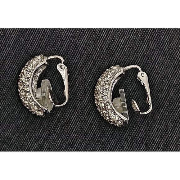 Vintage Christian Dior Half Hoop Clip Earrings Pave Set Crystals Silver tone - Picture 4 of 8
